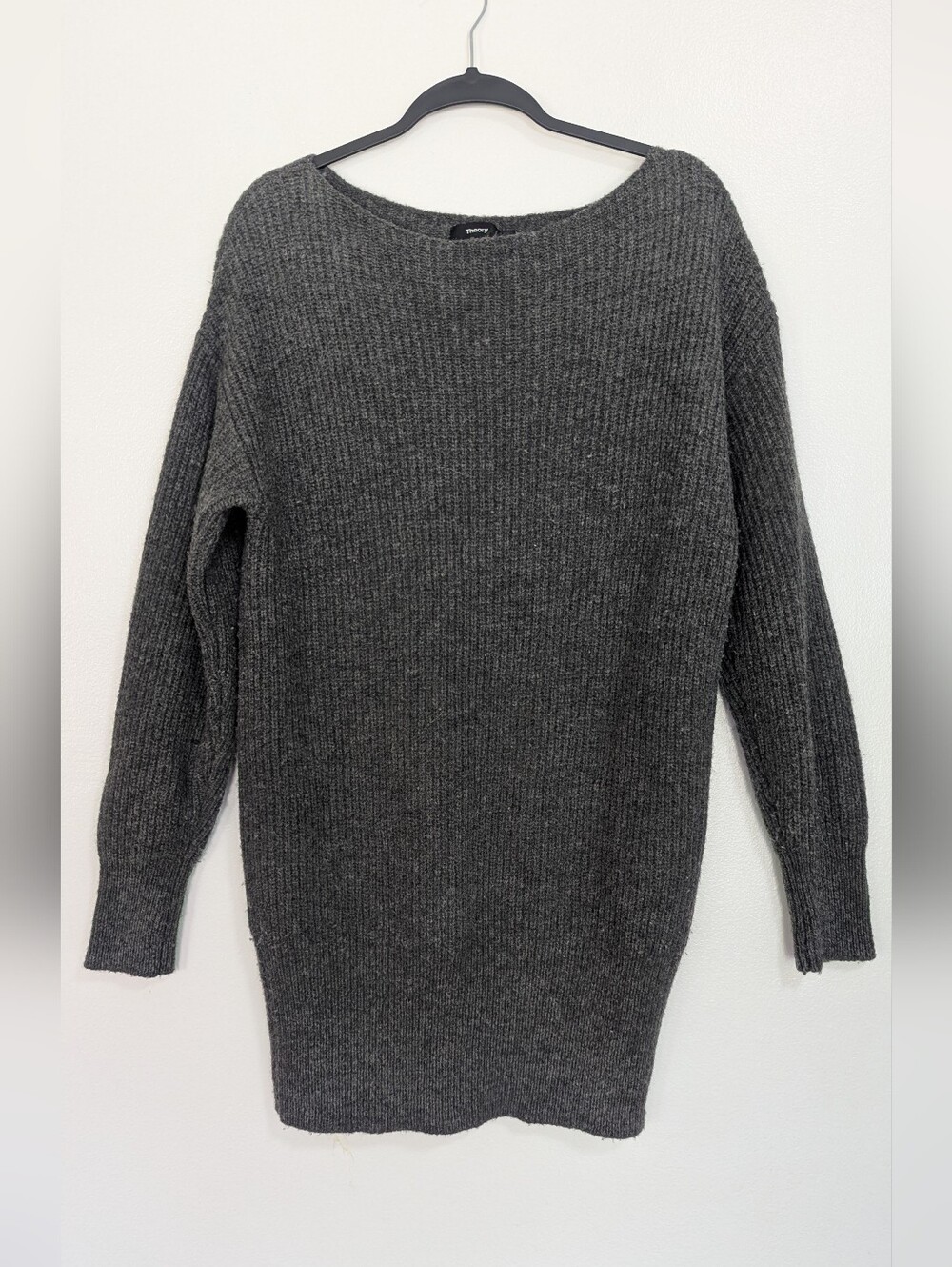 Theory Size Small Grey Ribbed Nimbus Wool Cocoon Boatneck Sweater‎ Dress Tunic